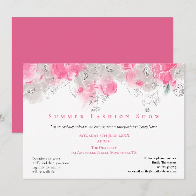 Summer Fashion Show Event Florals Pink Grey Invitation (Front/Back)
