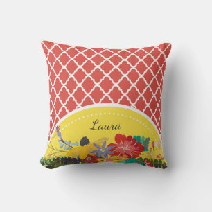 Summer Fiesta Red Floral Quatrefoil With Name Cushion