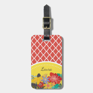 Summer Fiesta Red Floral Quatrefoil With Name Luggage Tag