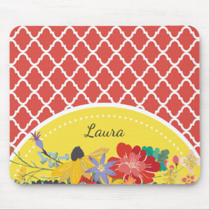 Summer Fiesta Red Floral Quatrefoil With Name Mouse Mat