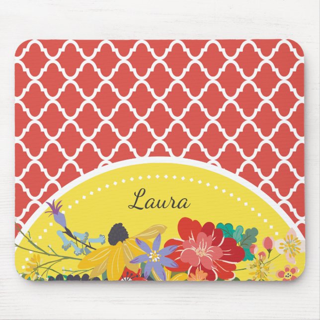 Summer Fiesta Red Floral Quatrefoil With Name Mouse Mat (Front)