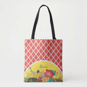 Summer Fiesta Red Floral Quatrefoil With Name Tote Bag
