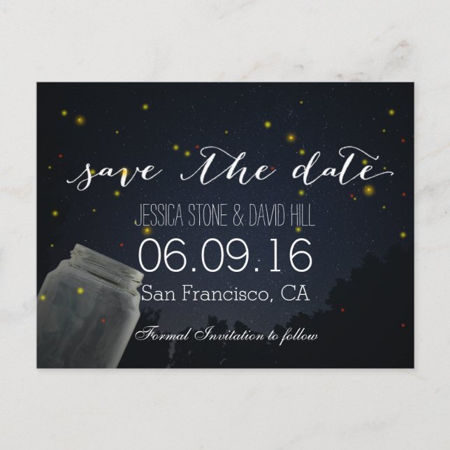 Summer Fireflies & Mason Jar Wedding Save the Date Announcement Postcard (Front)