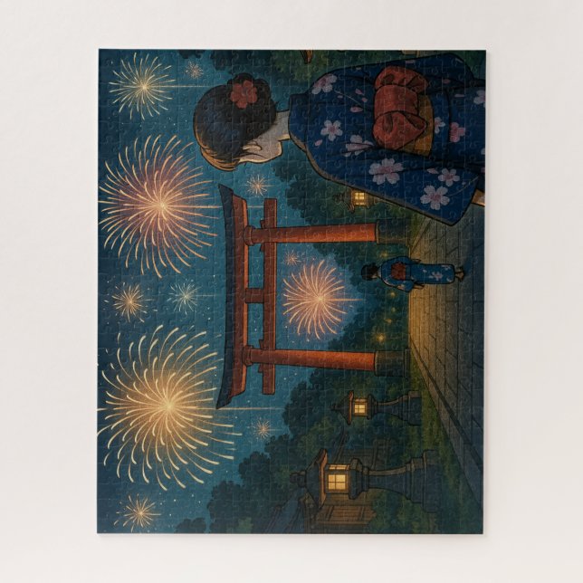 Summer Fireworks and a Yukata Girl at the Torii Ga Jigsaw Puzzle (Vertical)