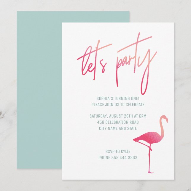 Summer first birthday pink & mint flamingo invite (Front/Back)