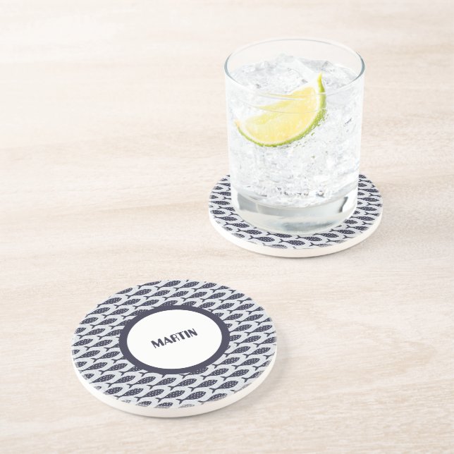 Summer Fish Textured Pattern Blue White Coaster (Side)