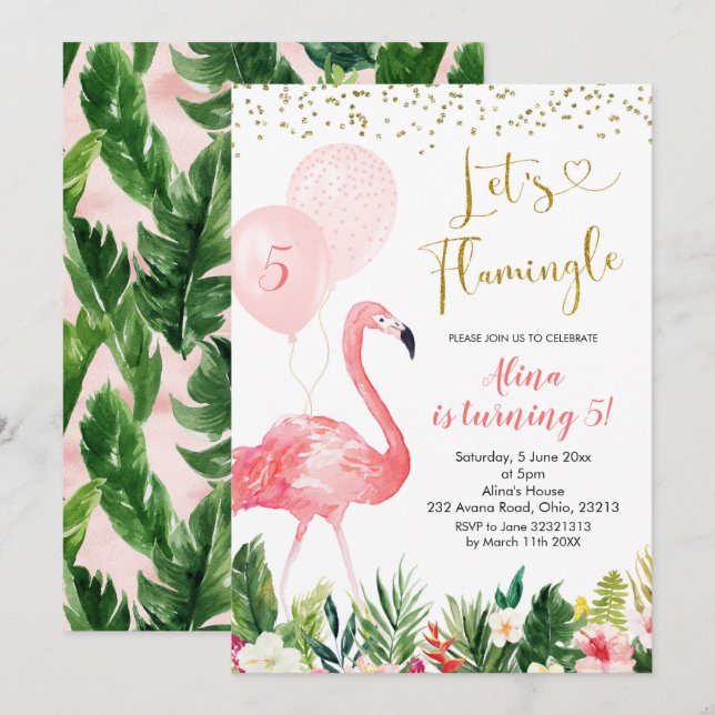 Summer Flamingo Balloon Birthday Invitation (Front/Back)