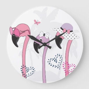 Summer Flamingo: Beach Vintage Illustration. Large Clock