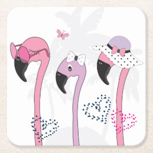 Summer Flamingo: Beach Vintage Illustration. Square Paper Coaster