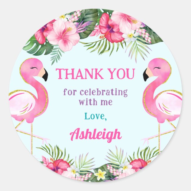 Summer Flamingo Birthday Party Thank You Classic Round Sticker (Front)