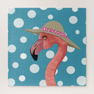 Summer Flamingo Blue Polka Dots Decorative Jigsaw Puzzle