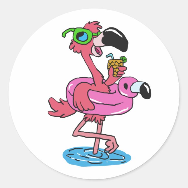 Summer Flamingo cartoon | choose background colour Classic Round Sticker (Front)