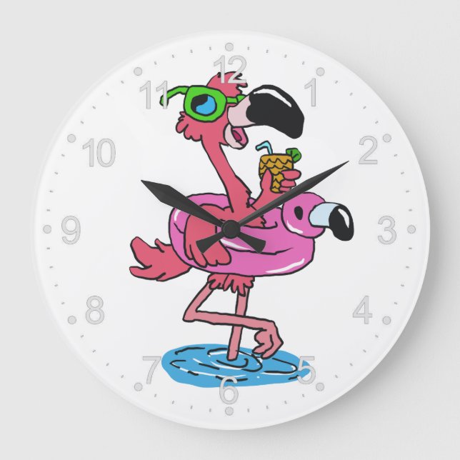 Summer Flamingo cartoon | choose background colour Large Clock (Front)