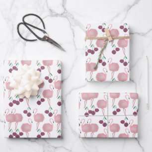 Summer Flamingo Cherries Hand Painted Watercolor Wrapping Paper Sheet