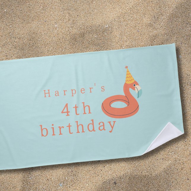 summer flamingo float  kids birthday pool party beach towel (flamingo birthday pool party modern personalized birthday beach towel)