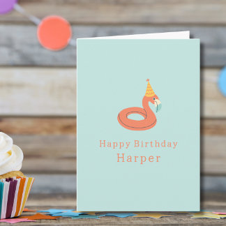 summer flamingo float kids birthday pool party card