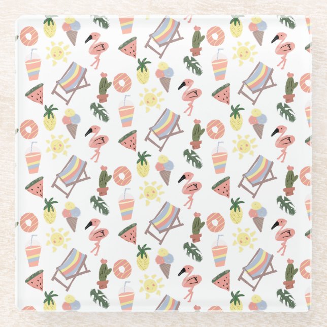 Summer Flamingo Hand Drawn Doodles Glass Coaster (Front)