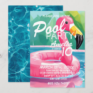 Summer Flamingo Pool Party Girl 10th Birthday Invitation