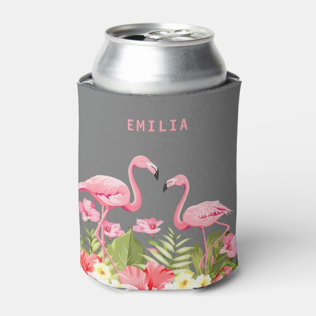 Summer Flamingos floral salmon pink name tropical Can Cooler (Can Front)
