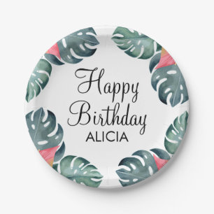 Summer Flora Pink Anthurium & Monstera Birthday Paper Plate