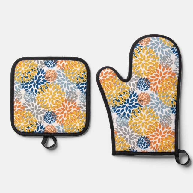 Summer Floral Abstract Bright Colours Pattern Oven Mitt & Pot Holder Set (Front)