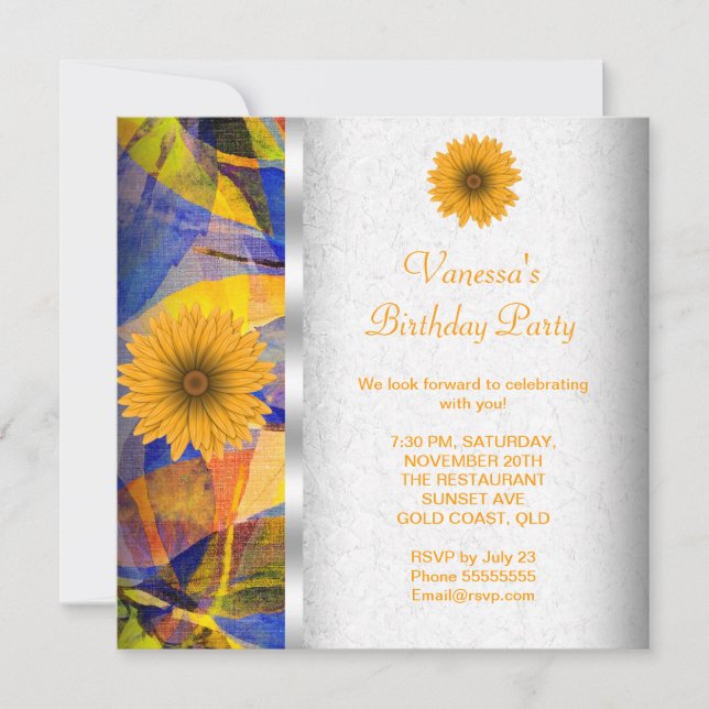 Summer Floral Blue Yellow Flowers Birthday Party Invitation (Front)