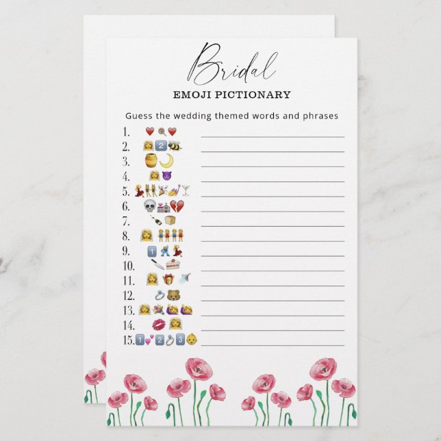 Summer floral bridal shower emoji pictionary game (Front/Back)