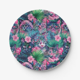 Summer floral cats paper plate