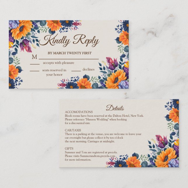 Summer floral classy elegant wedding Response Card (Front/Back)