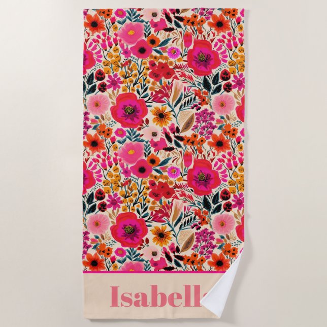 Summer Floral Colourful Pink Personalised Beach Towel (Front)