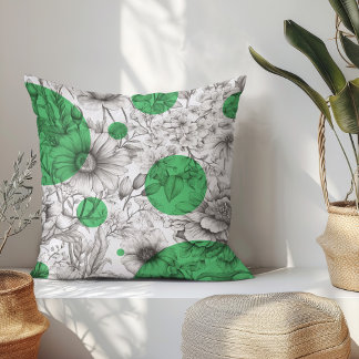 Summer Floral decorative Kelly Green Retro Peonies Cushion