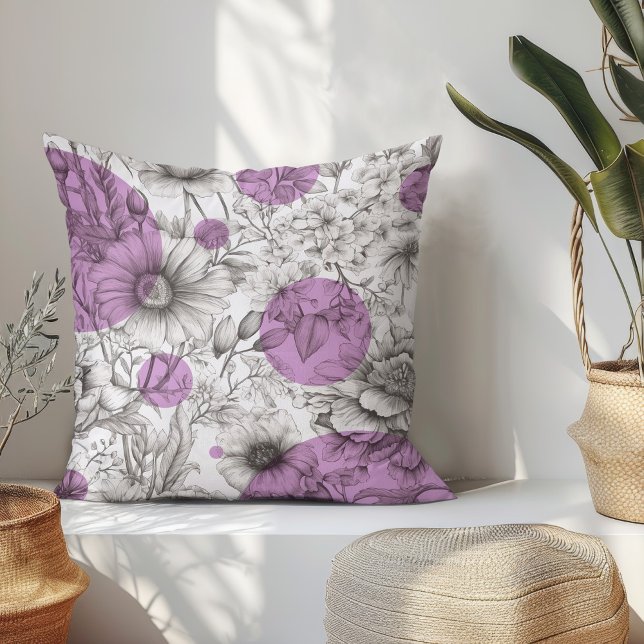 Summer Floral decorative Lilac Purple Retro Peony Cushion (Modern floral throw pillow with black and white sketch flowers and lilac purple retro circles.)