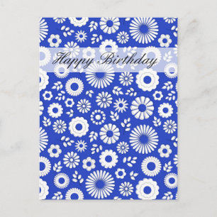 Summer floral deep blue Happy Birthday Postcard