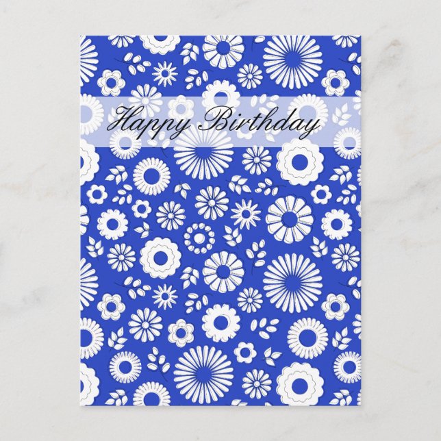 Summer floral deep blue Happy Birthday Postcard (Front)
