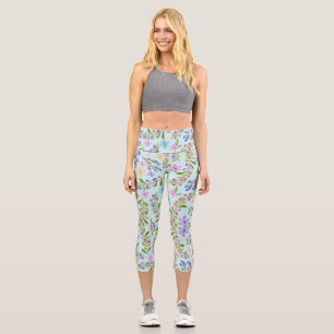 Summer floral design with smoothing green leaves capri leggings