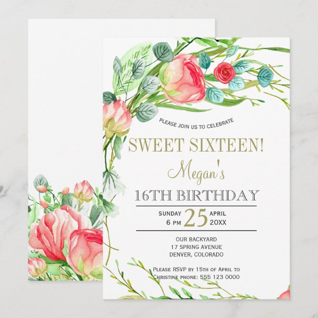 Summer floral elegant roses garden sweet sixteen invitation (Front/Back)