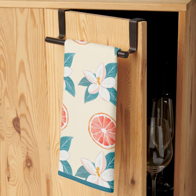 Summer Floral Grapefruit – Coastal Citrus Design Tea Towel (Thirds Fold)