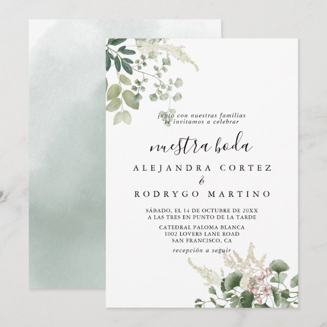 Summer Floral Green Foliage Nuestra Boda Wedding  Invitation (Front/Back)