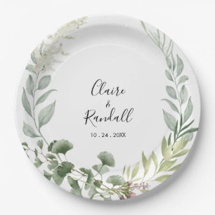  Summer Floral Green Foliage White Wedding  Paper Plate