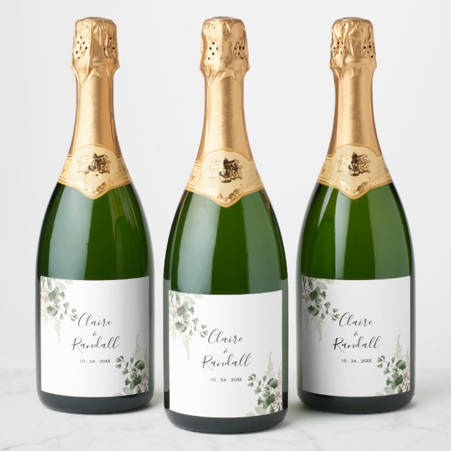 Summer Floral Green Foliage White Wedding  Sparkling Wine Label (Bottles)
