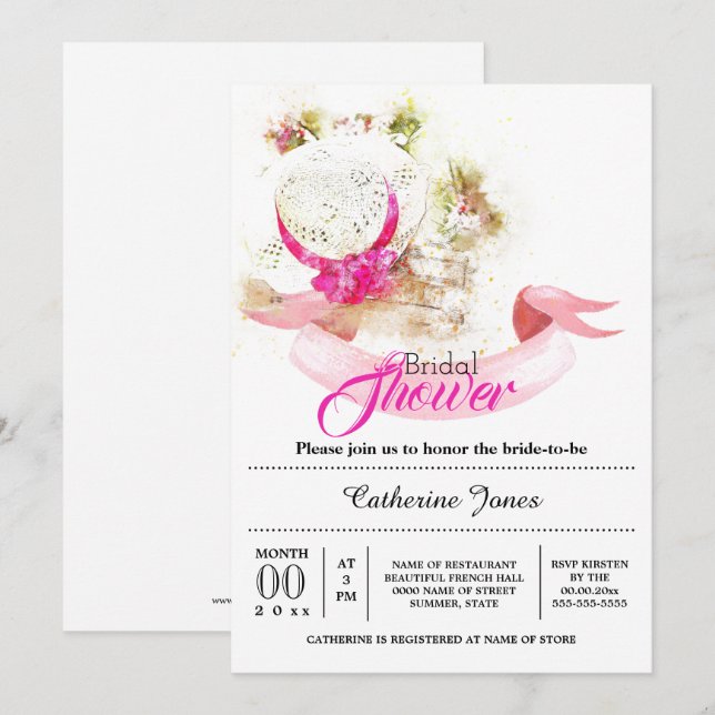 Summer floral hat tuscan bridal shower invitation (Front/Back)