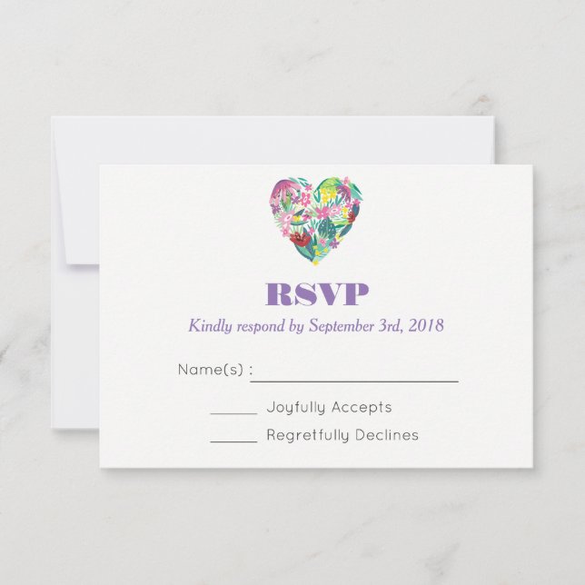Summer Floral Heart in Pink and Green Wedding RSVP Card (Front)