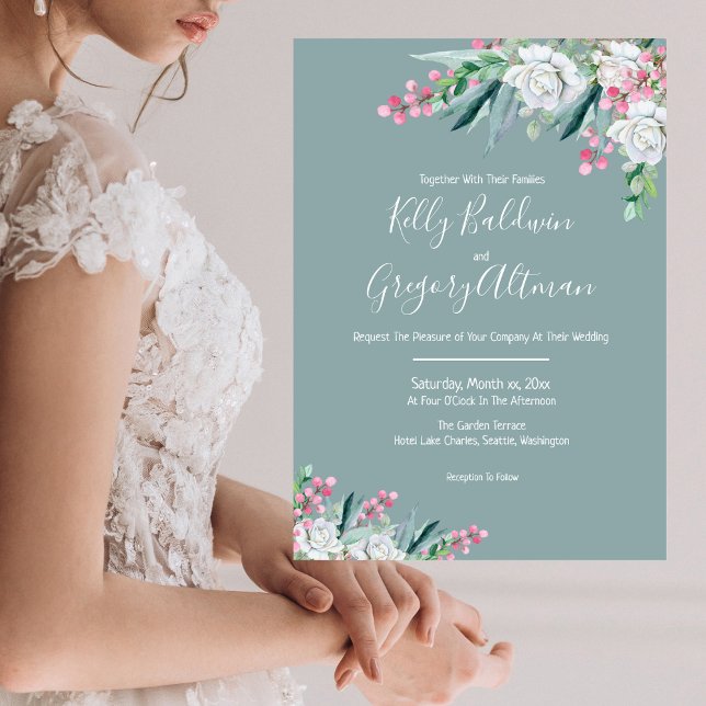 Summer Floral Mint Green Wedding Invitation (Summer Sage Green Wedding Invitation)