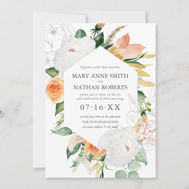 Summer Floral Orange Geometric Botanical Wedding  Invitation (Front)