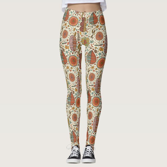 Summer floral pattern made of leaves leggings (Front)