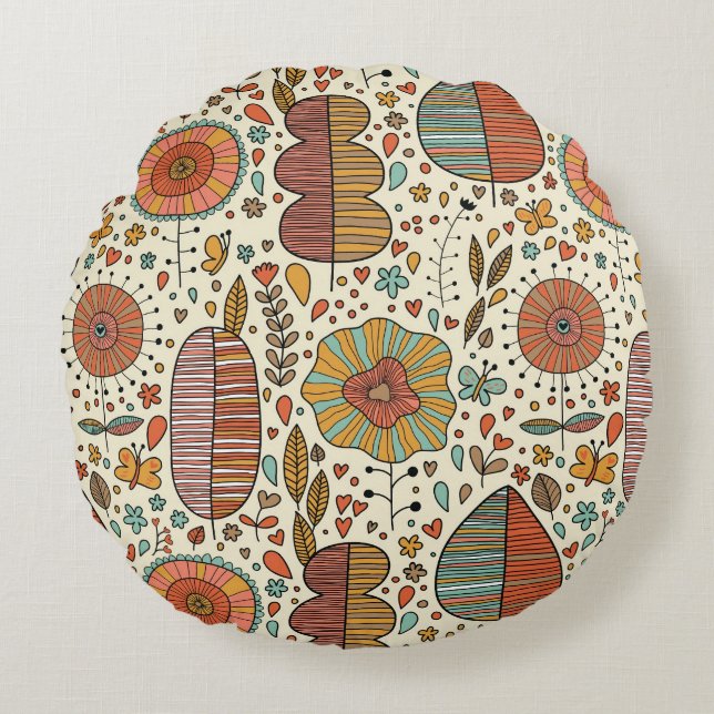 Summer floral pattern made of leaves round cushion (Front)