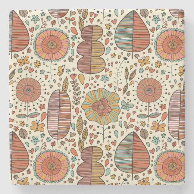 Summer floral pattern made of leaves stone coaster (Front)