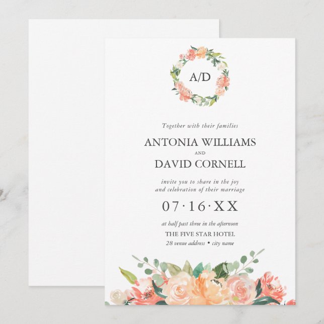 Summer Floral Peach  Botanical Monogram Wedding  I Invitation (Front/Back)
