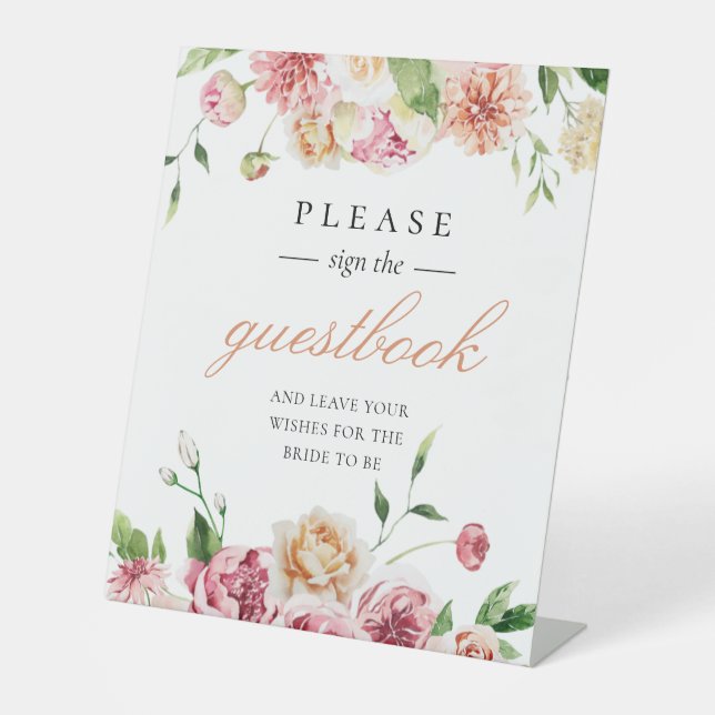 Summer Floral Romantic Bridal Shower Guestbook Pedestal Sign (Front)