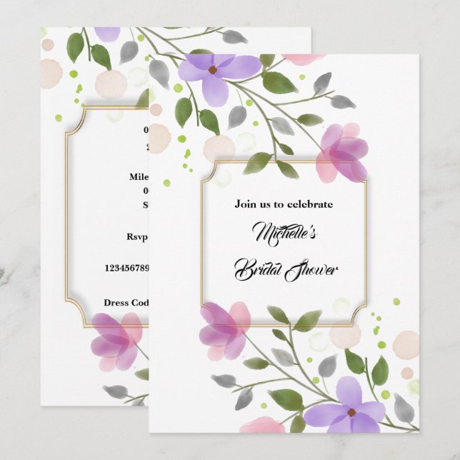 Summer floral watercolor bridal shower celebration invitation (Front/Back)